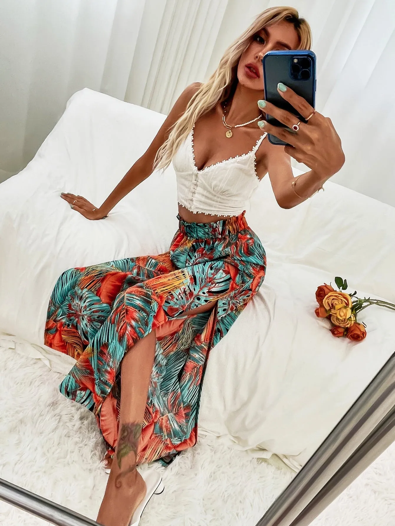 Boho Plants Split Thigh Natural Long Women Pants