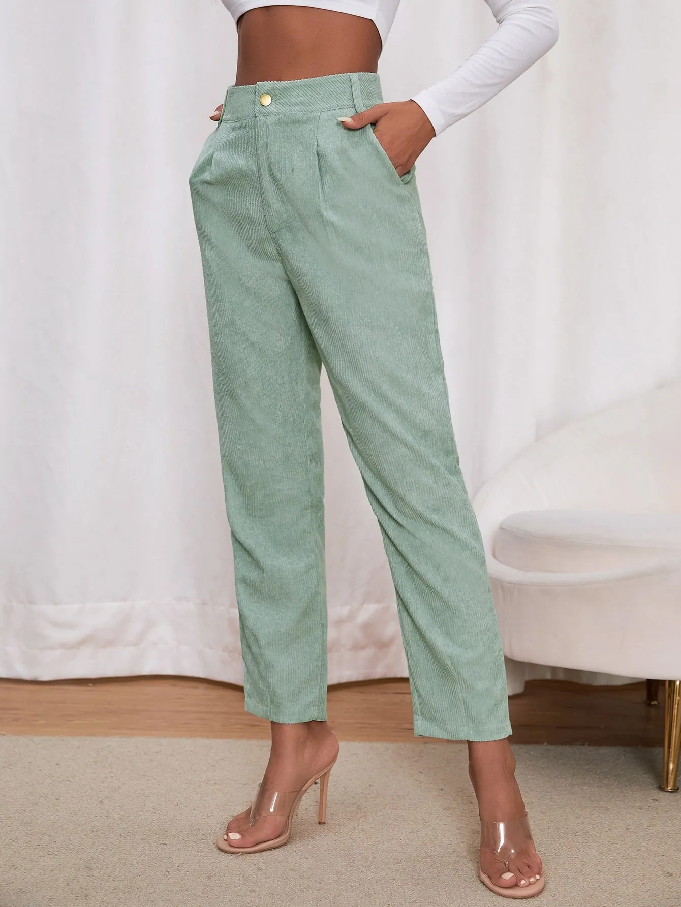 Casual Plain Pocket Natural Cropped Women Pants