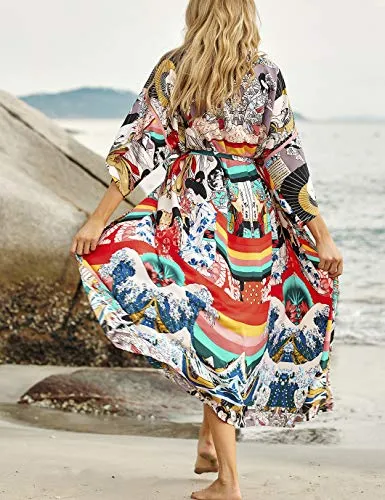 Eddoyee Women's Ethnic Print Kimono Cardigans - Stylish Beach Cover Up