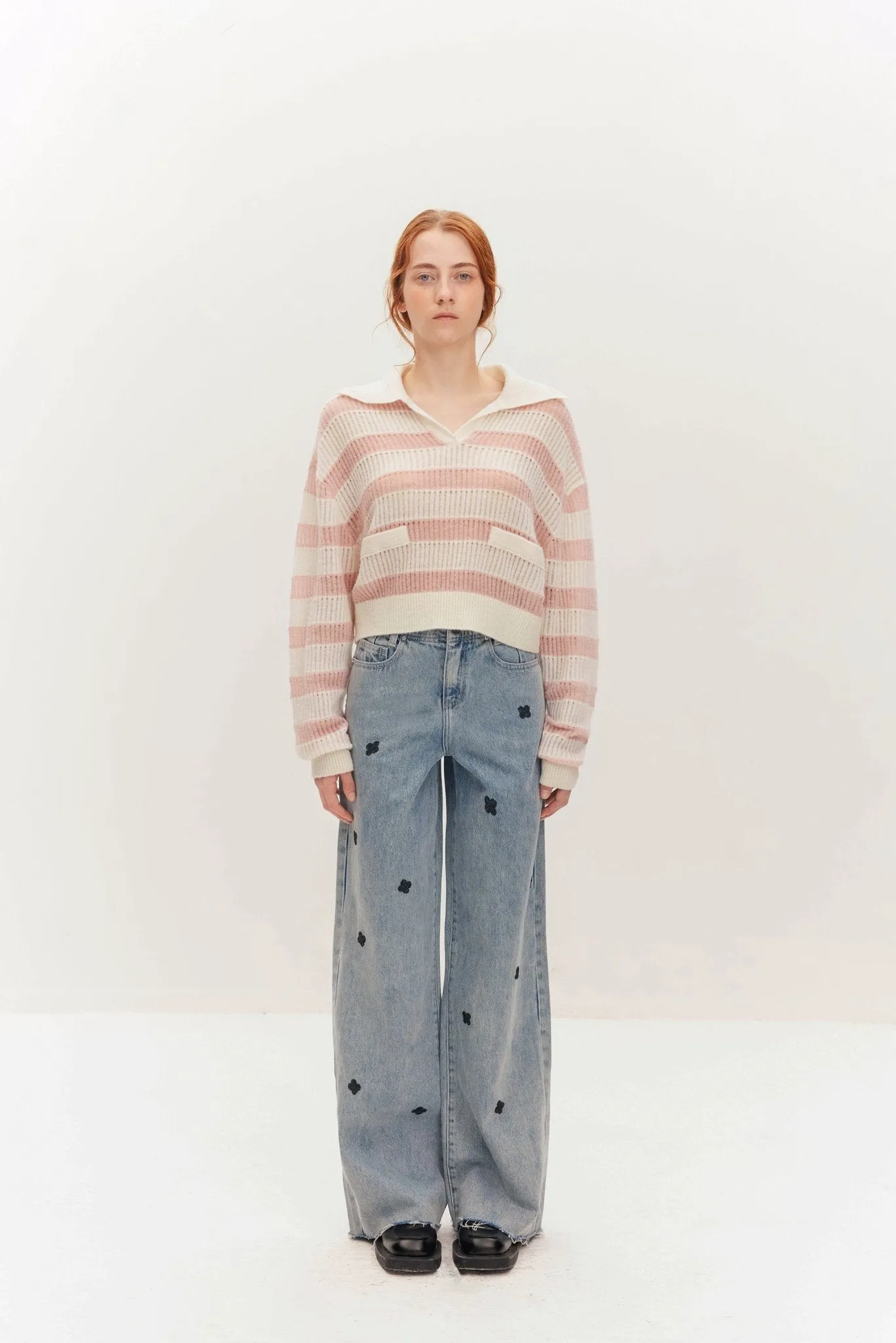 Flower Piece Beaded Wide-leg Jeans