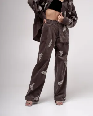 High-waisted pleated embellished corduroy trousers