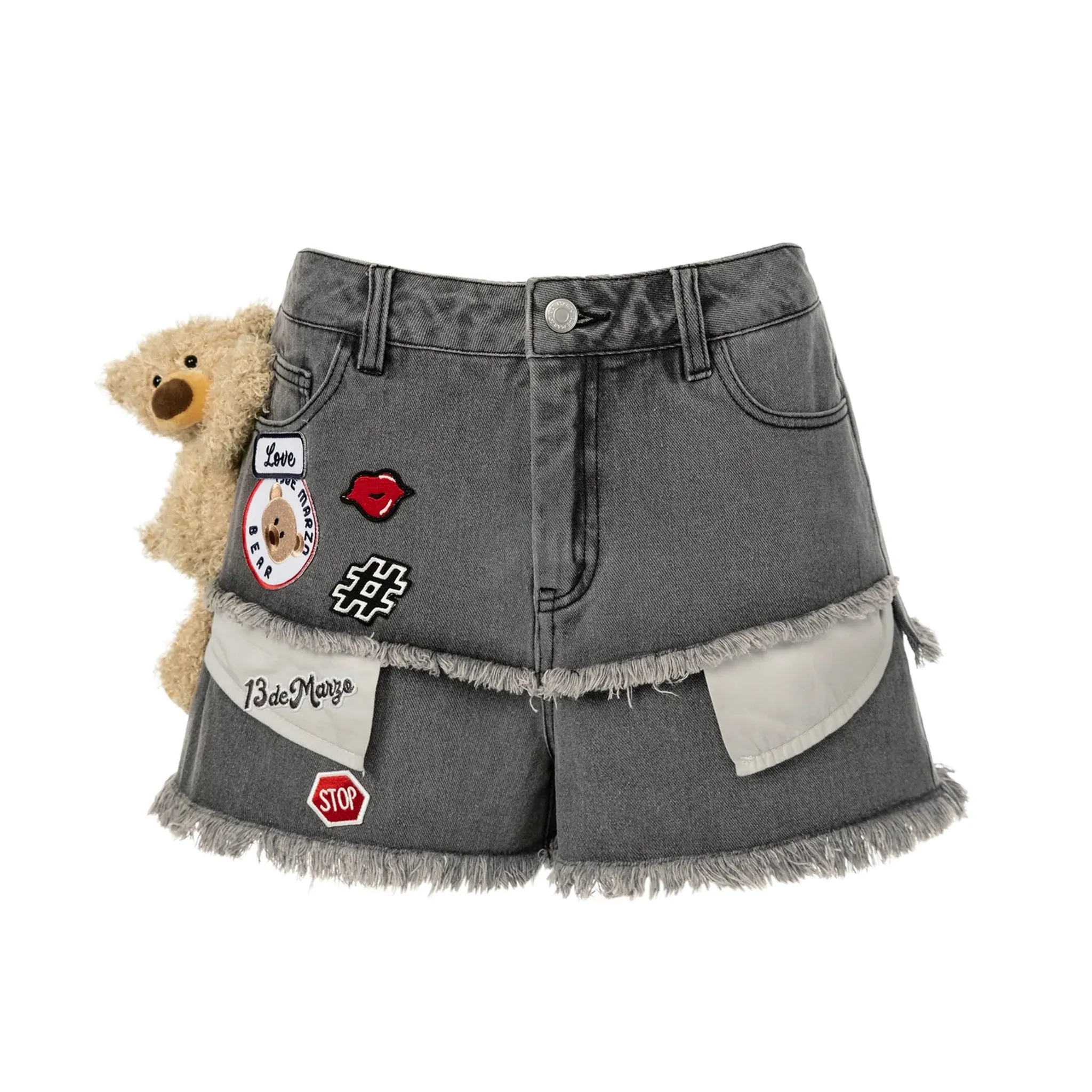 Logo Patch Bear Denim Shorts in Black