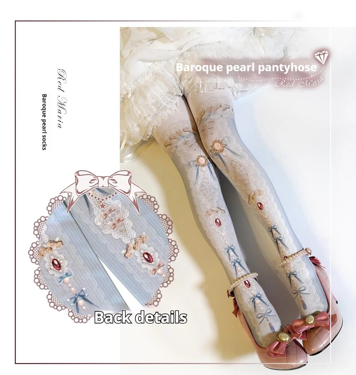 Red Maria~Classic Lolita Tights Baroque Pearl Printed Lolita Pantyhose