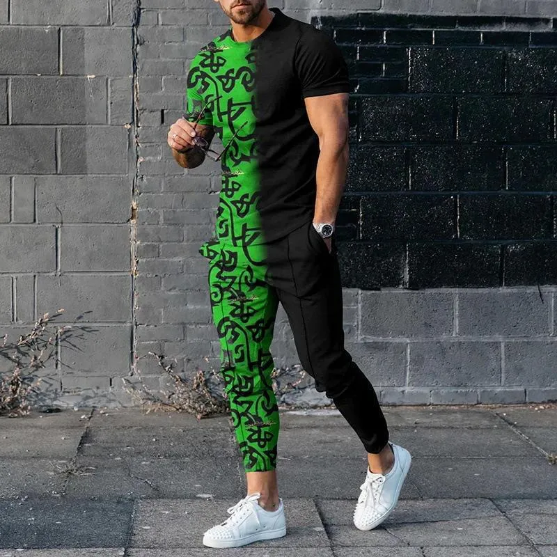Riolio Men's Short-Sleeved Trousers Suit 3D Digital Personalized Ethnic Style Printed Fashionable Casual Tights