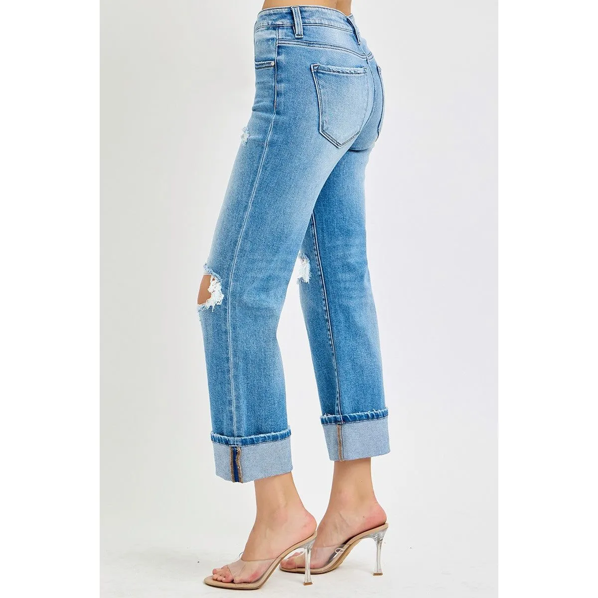 Tummy Control Mid Rise Crop Straight Cuffed Jeans